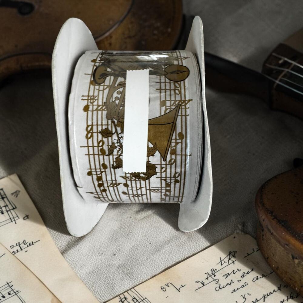 Vintage Gold Instrumental Wired Ribbon Spool | Music Note & Orchestra Ribbon